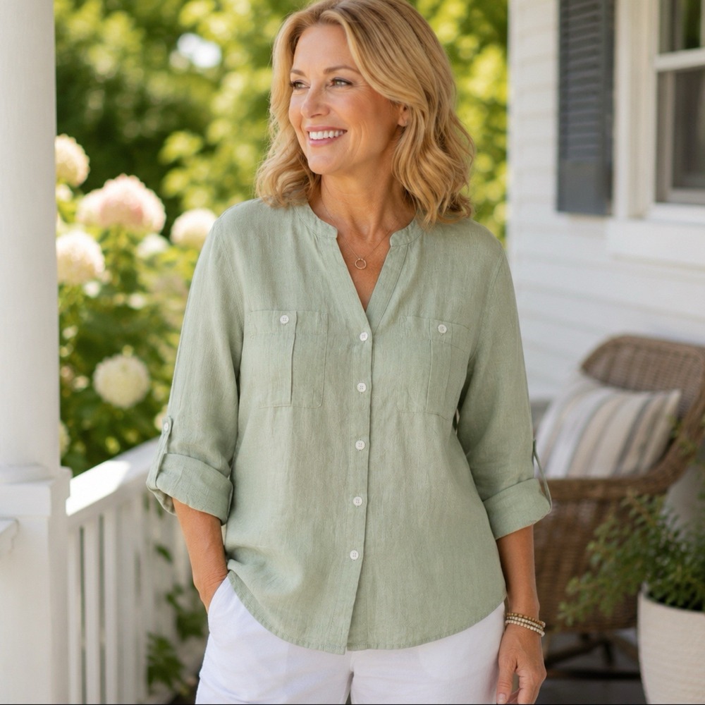 Isaac Mizrahi Size Large Sage Green 100% Linen Button Front Roll Tab Shirt